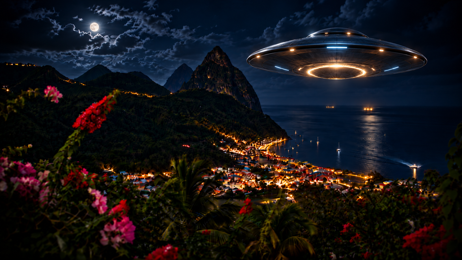 Cinematic portrait beside the Saint Lucia Pitons at night